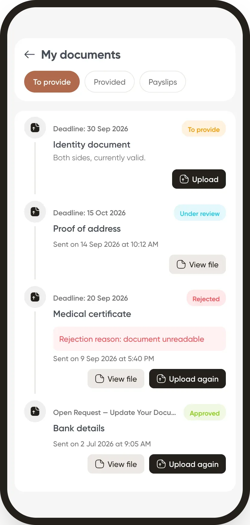 Documents to provide