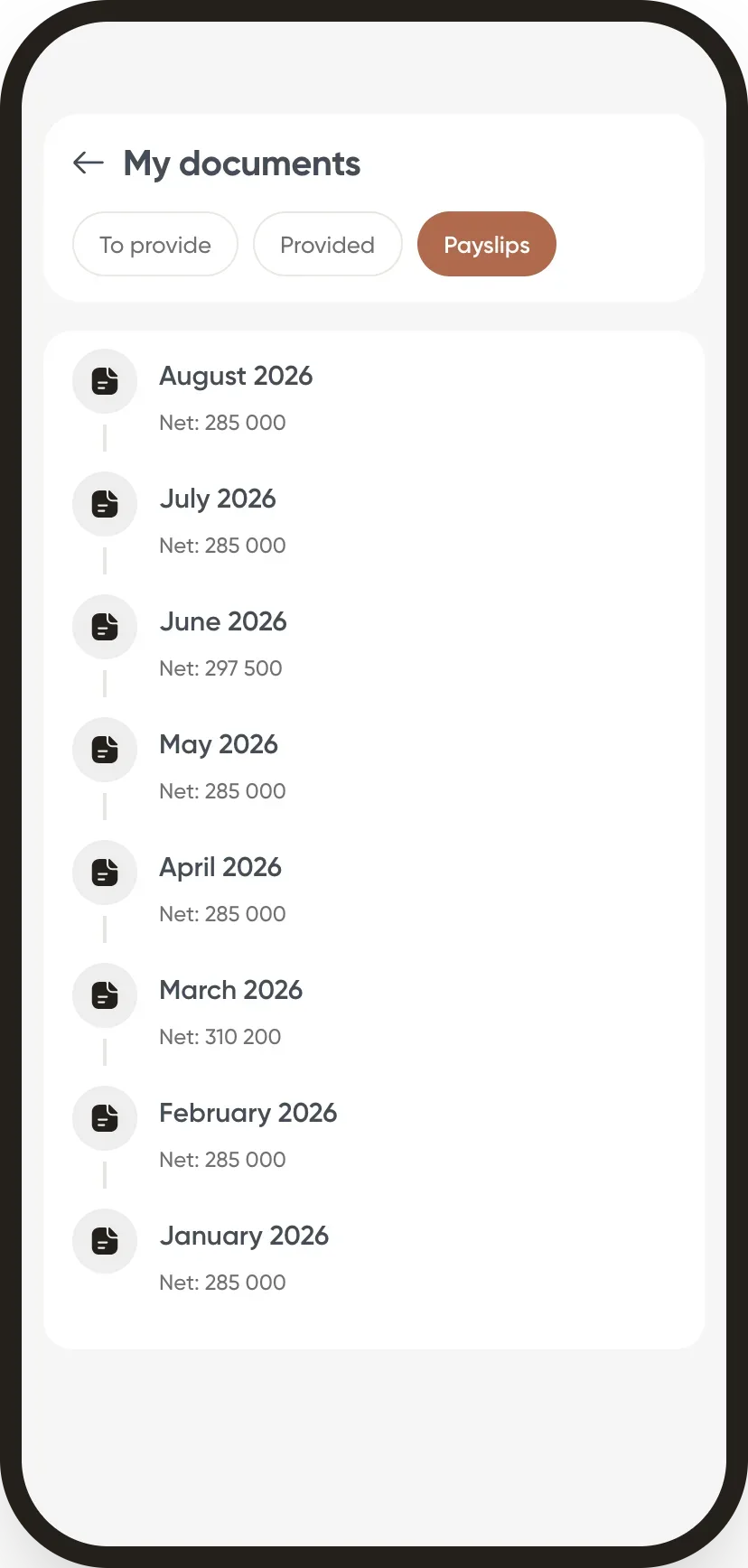 The list of payslips