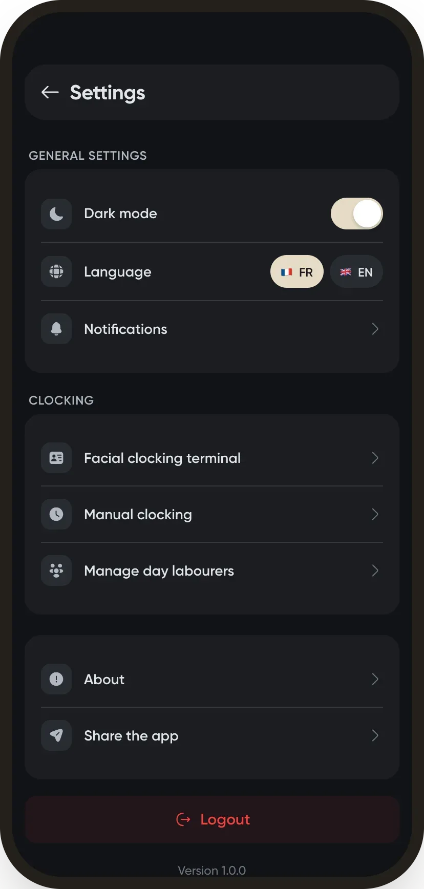 The Settings menu with clock-in terminals