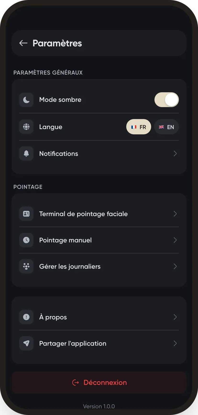 Le menu Paramètres avec les terminaux de pointage