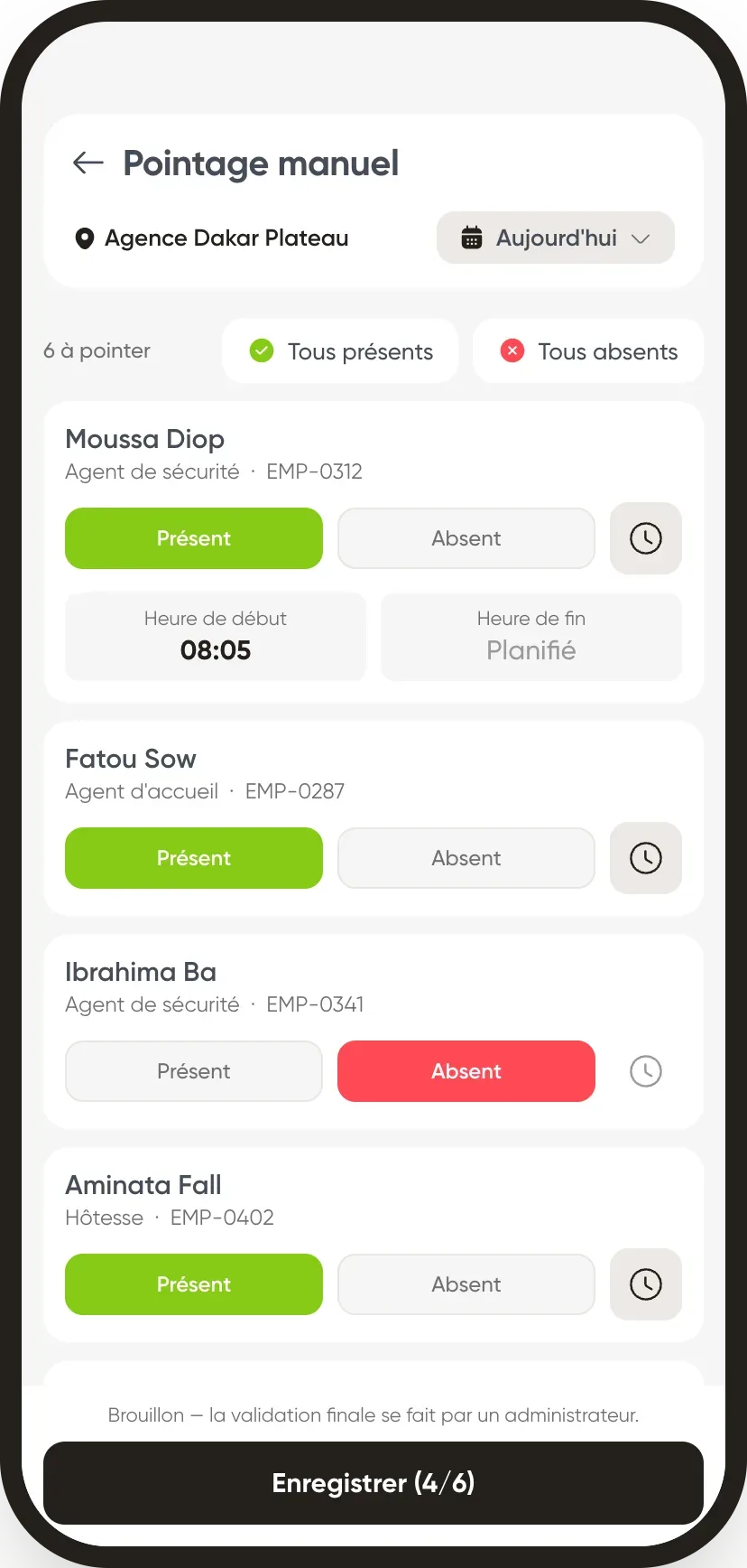 La feuille de pointage d'un site