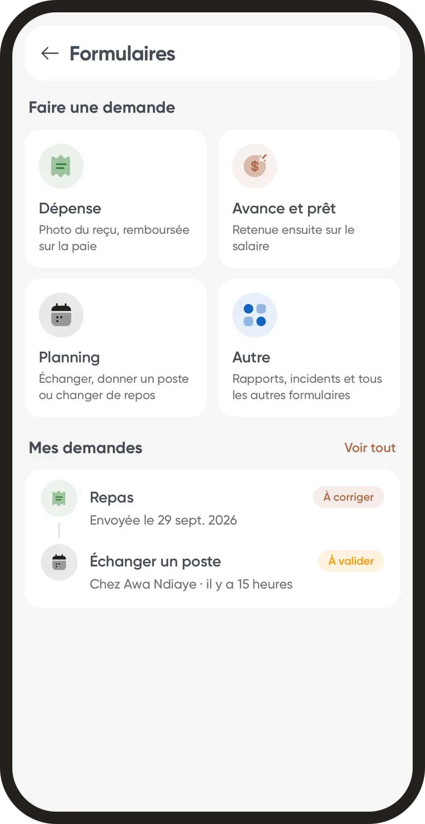 L'écran Formulaires : les cartes Faire une demande et les dernières demandes