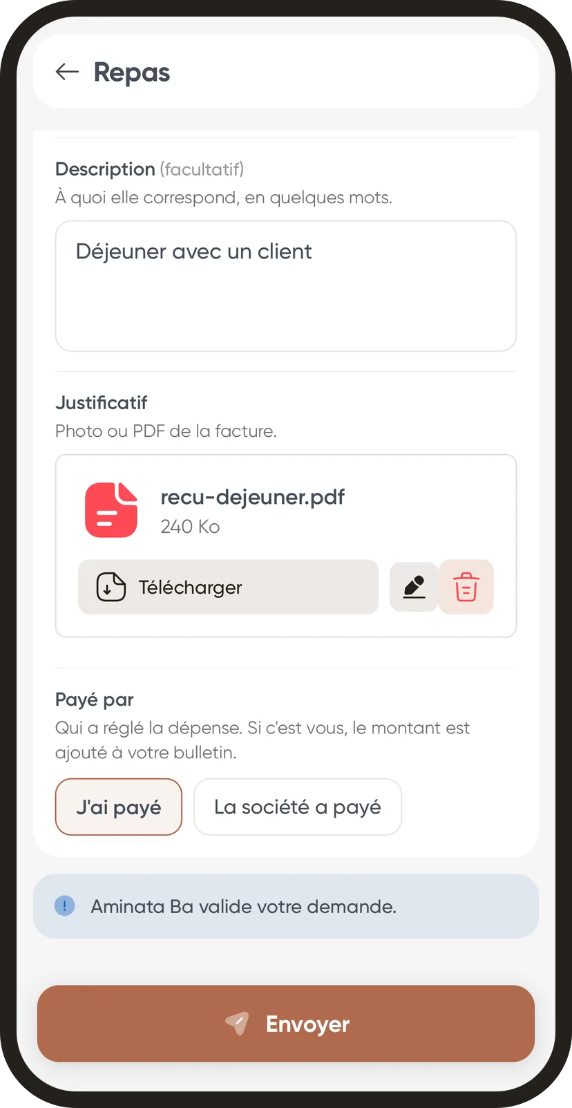 Une dépense prête à partir : le justificatif, qui a payé, qui valide et le bouton Envoyer