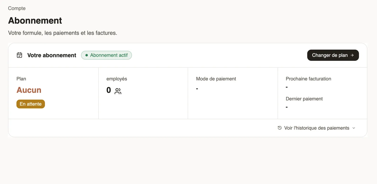 La page Abonnement : plan, employés, mode de paiement et prochaine facturation