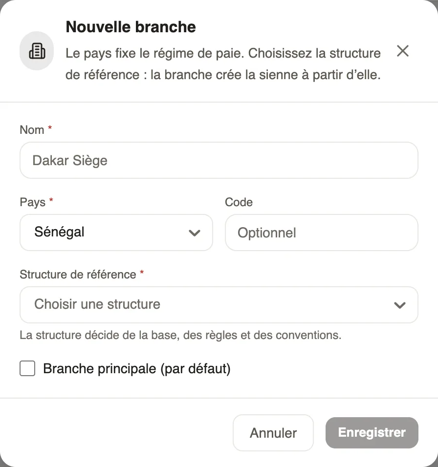 La fenêtre Nouvelle branche : nom, pays, code et structure de référence