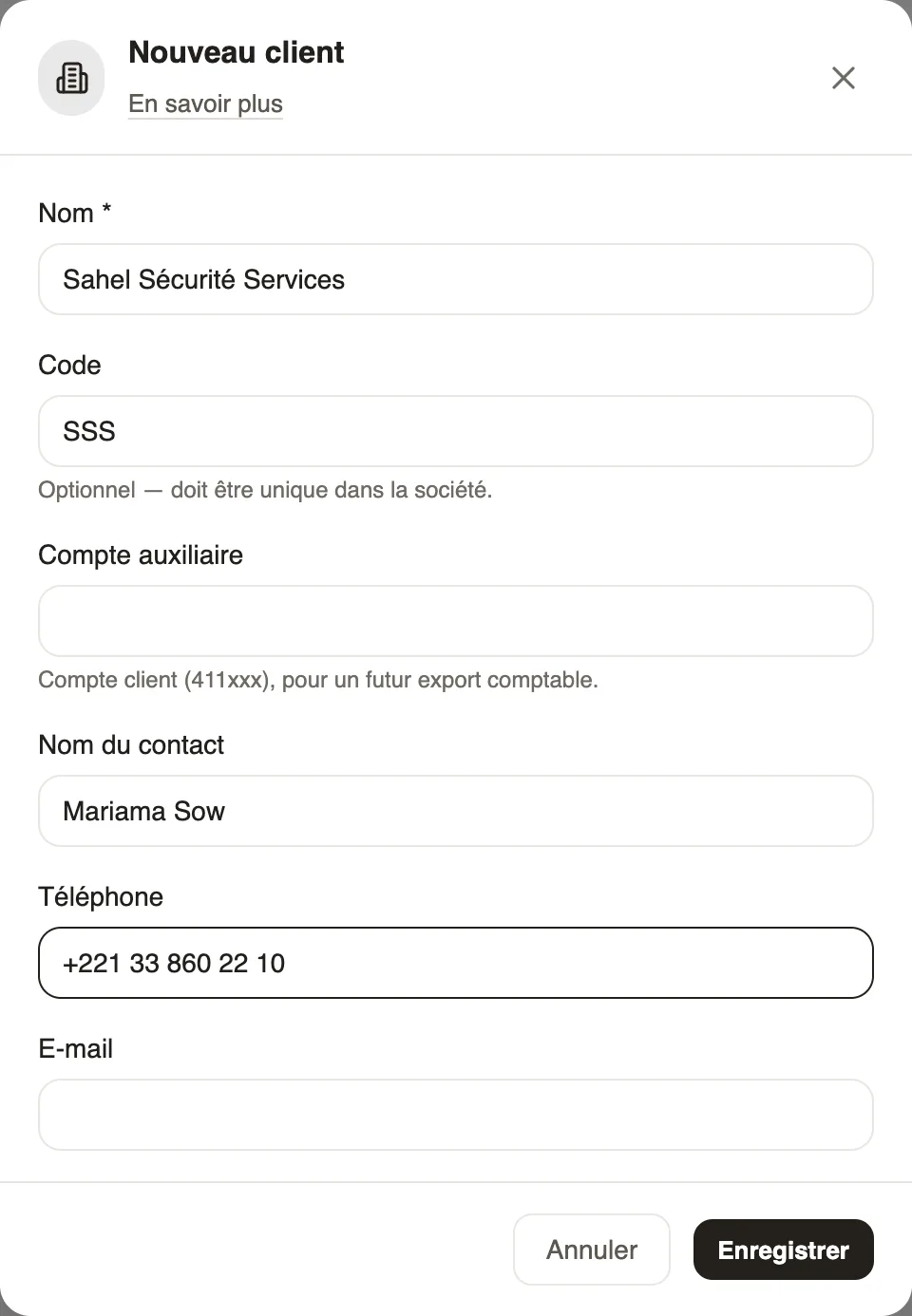 La fenêtre Nouveau client
