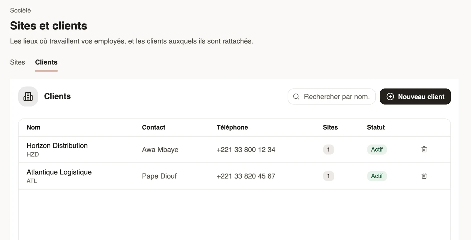 L'onglet Clients : nom et code, contact, téléphone, nombre de sites et statut