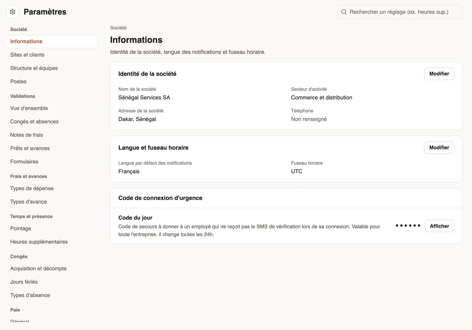 Les paramètres : le menu par thème à gauche et la page Informations