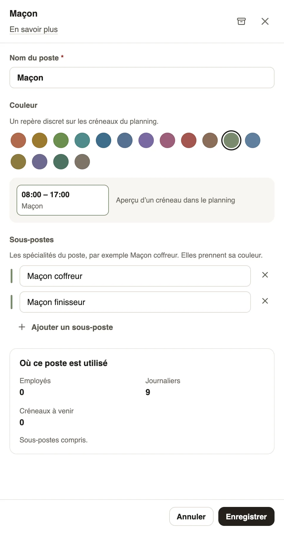 Le panneau du poste Maçon : couleur, sous-postes et où il est utilisé