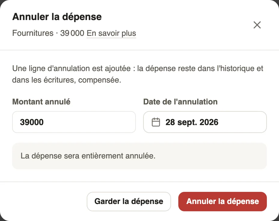 La fenêtre Annuler la dépense : montant annulé et date