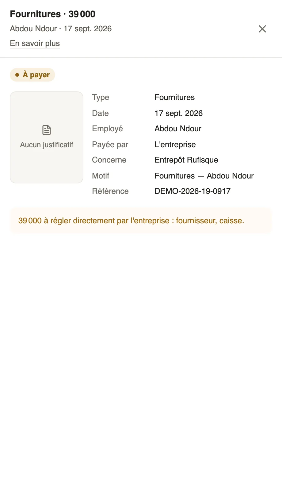 Le panneau d'une dépense Fournitures : annuler, supprimer, modifier ou marquer payée