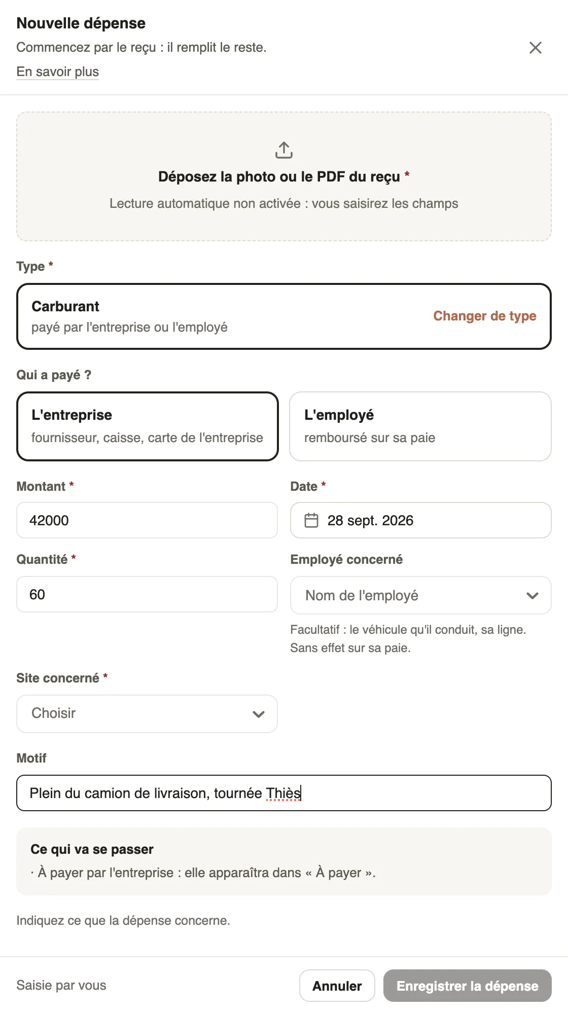 La fenêtre Nouvelle dépense : reçu, type Carburant, qui a payé, montant, quantité et site concerné