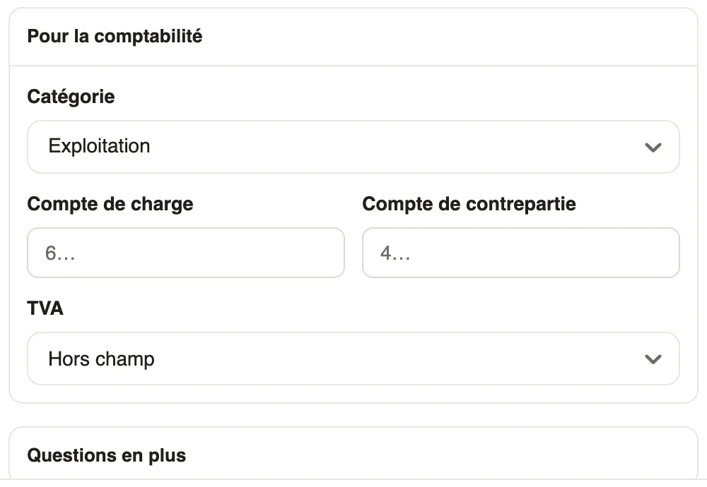 La section Pour la comptabilité : catégorie, compte de charge, compte de contrepartie, TVA
