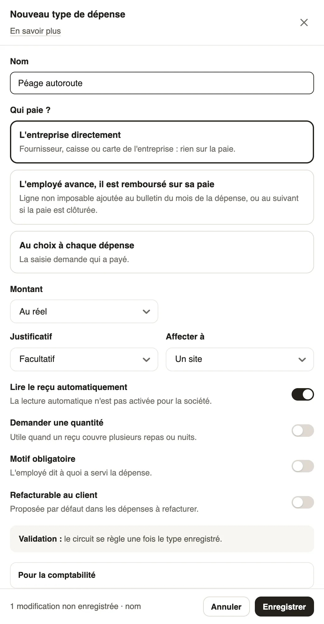 Le panneau Nouveau type de dépense