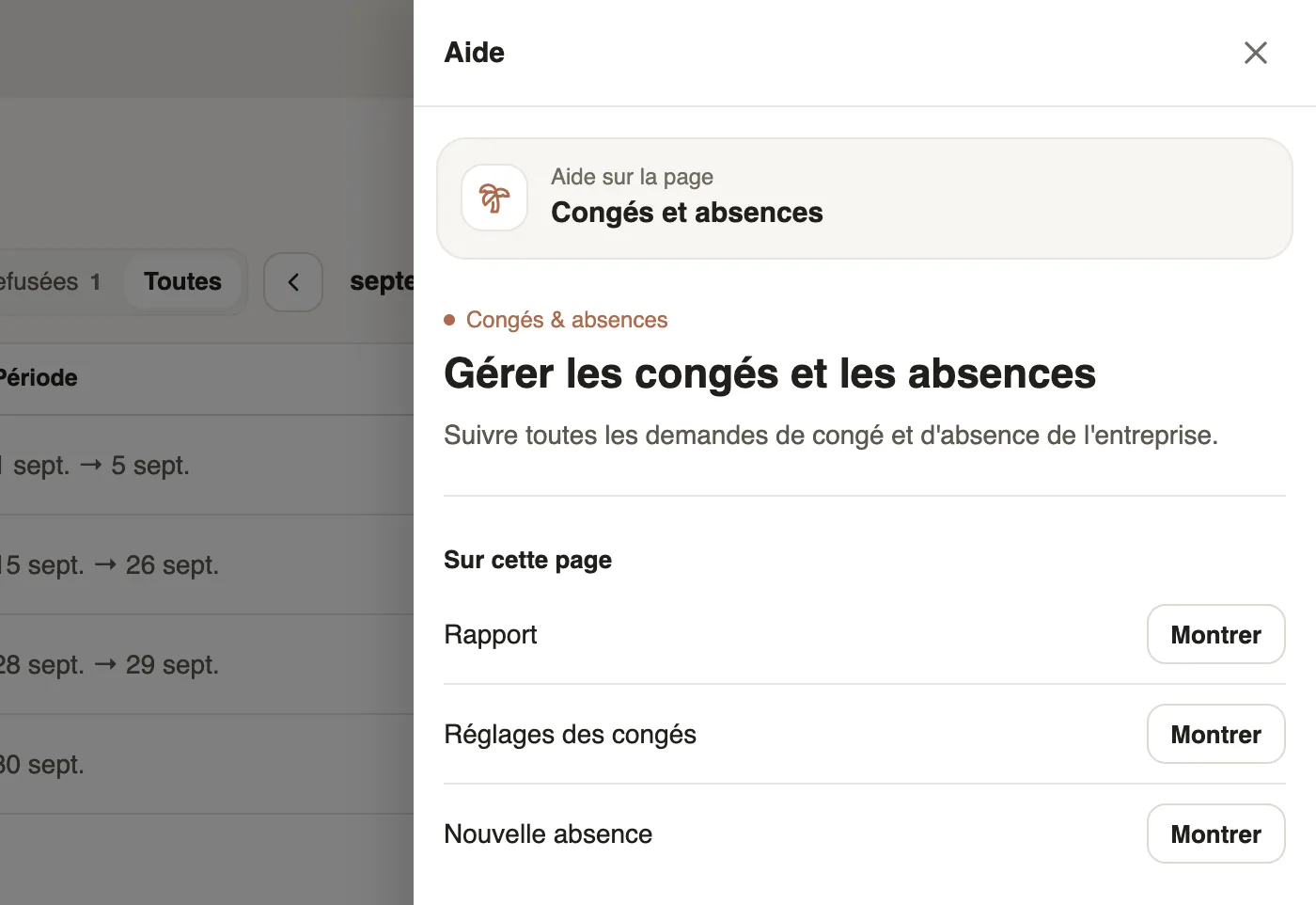 Le panneau Aide sur la page des congés et absences, avec Sur cette page et les boutons Montrer