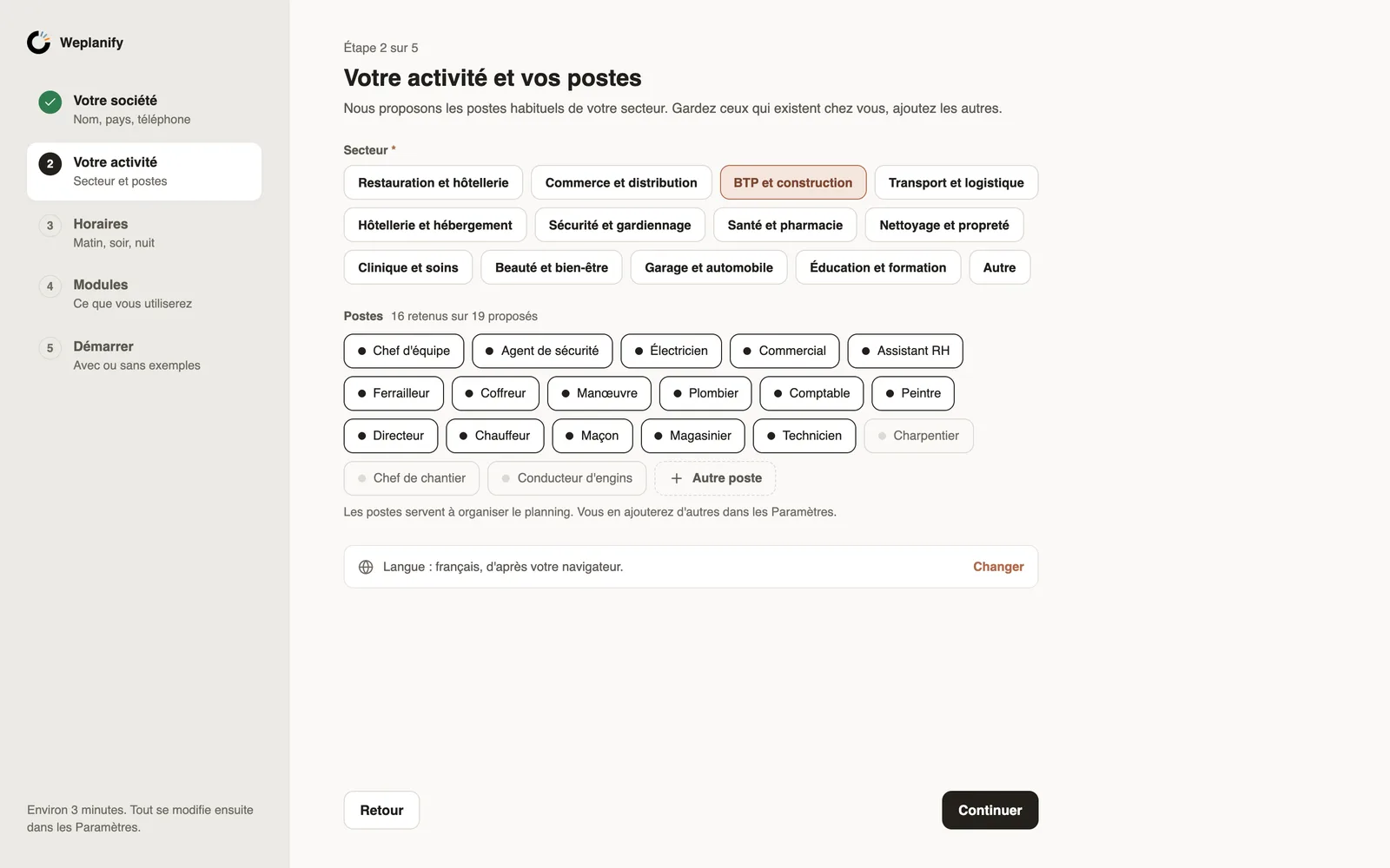 L'étape Votre activité et vos postes : secteur BTP et construction et postes proposés