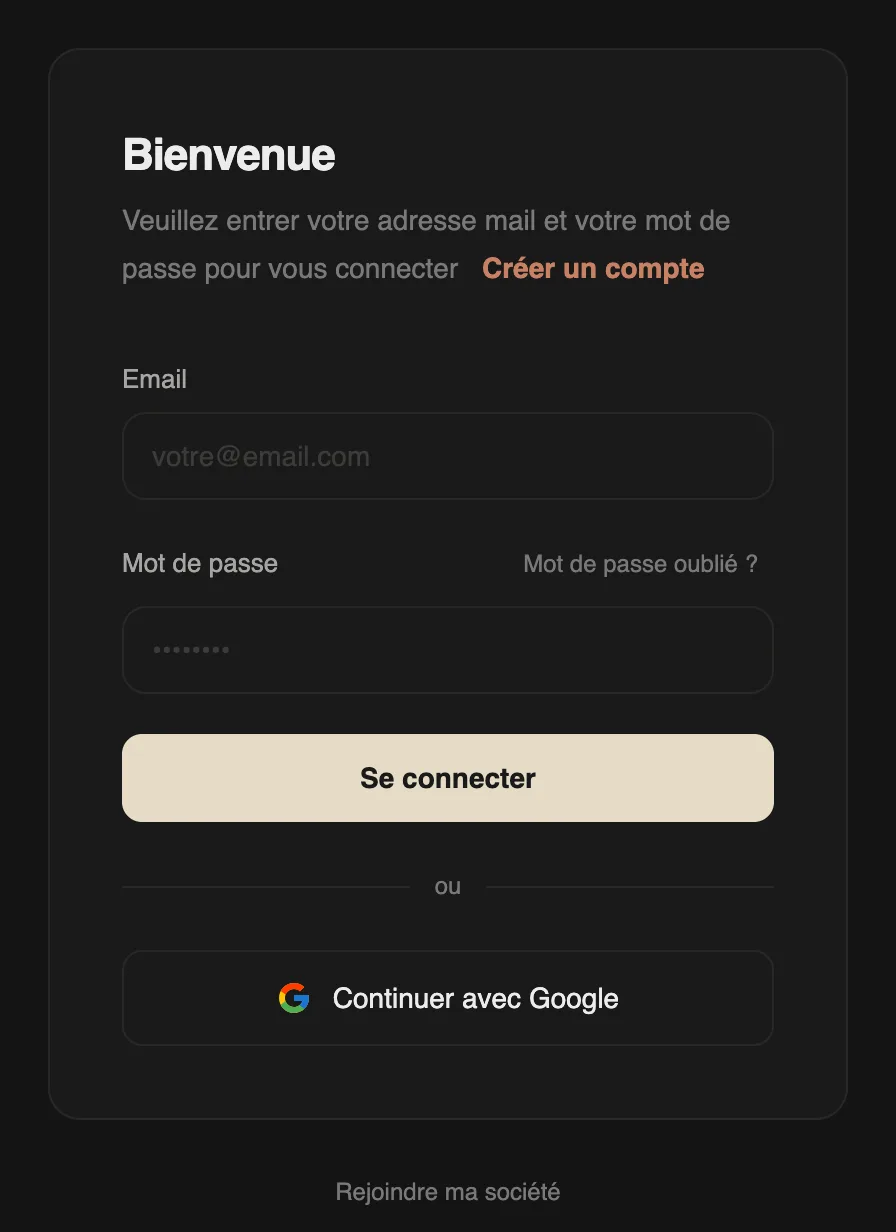 La page de connexion : e-mail, mot de passe, Se connecter et Continuer avec Google