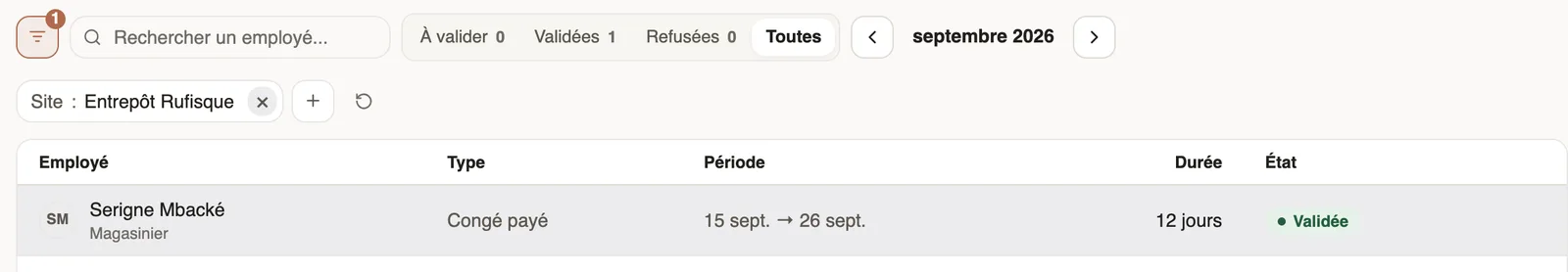 La liste des absences filtrée sur le site Entrepôt Rufisque