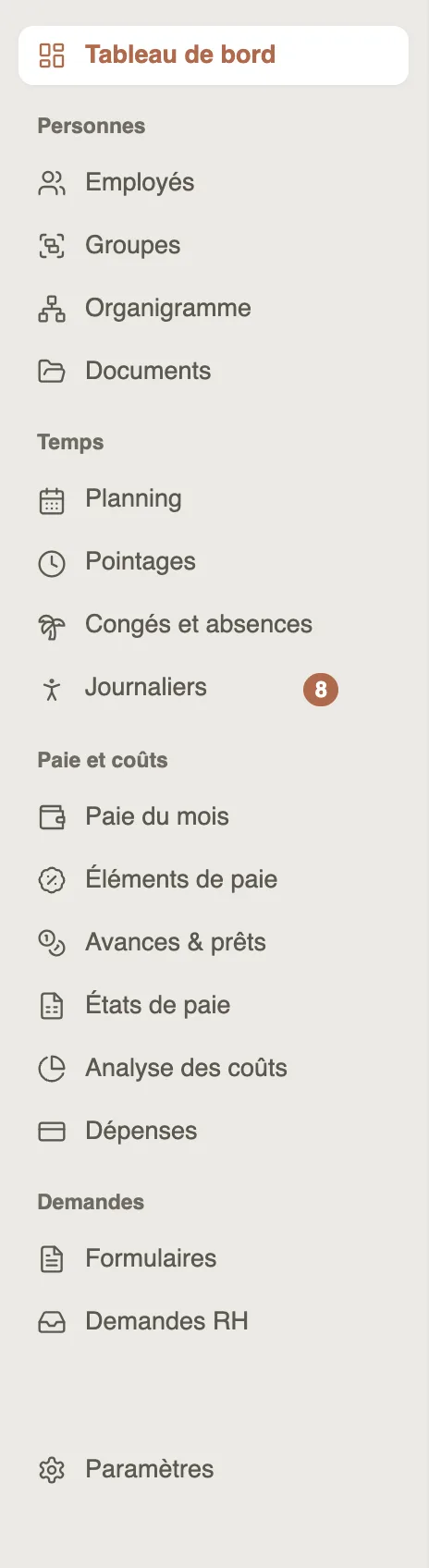 Le menu de gauche : Personnes, Temps, Paie et coûts, Demandes