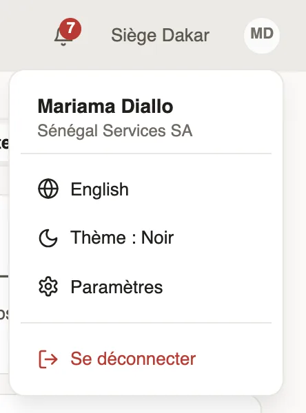 Le menu du compte : English, Thème, Paramètres, Se déconnecter