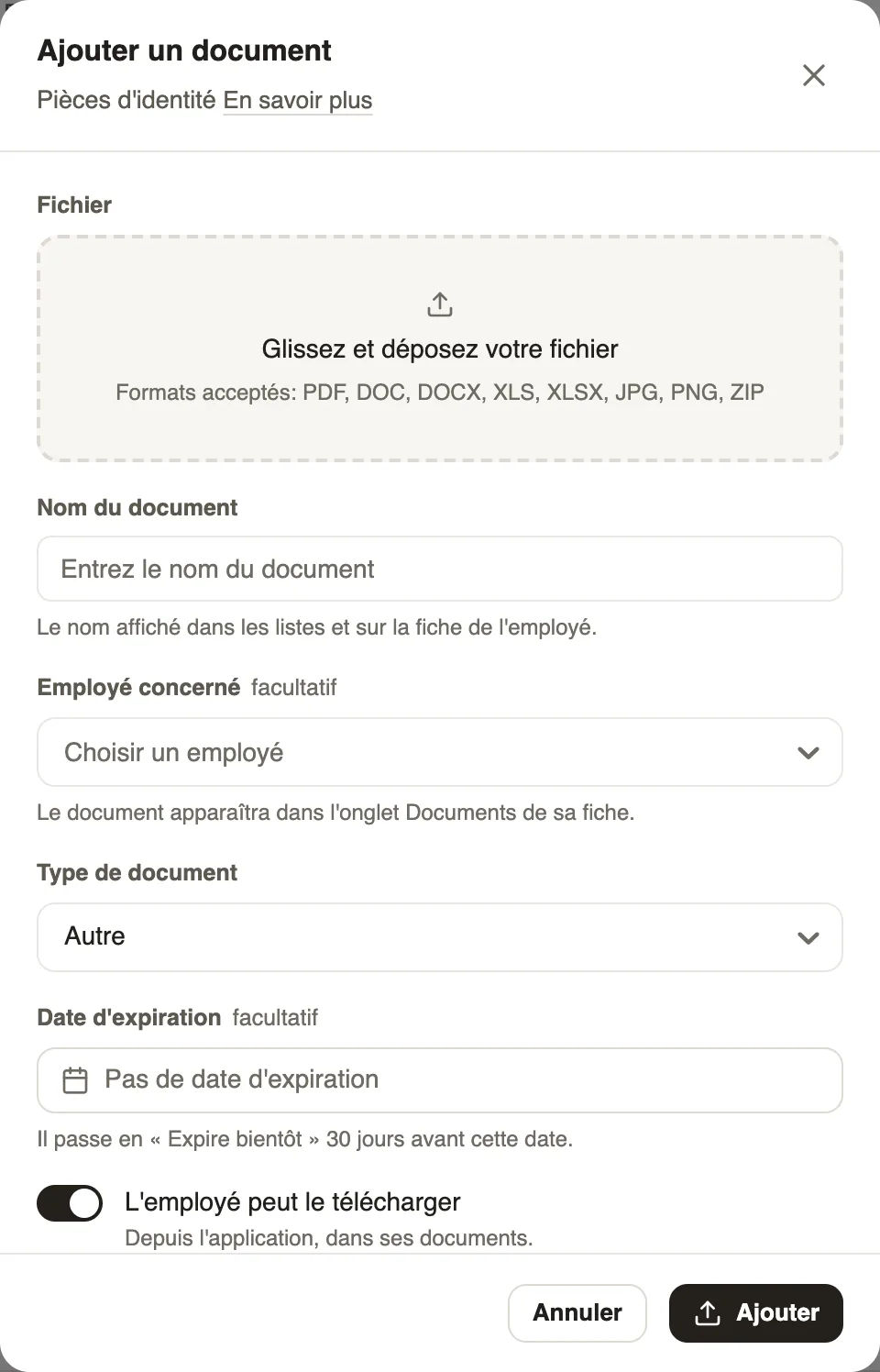 La fenêtre Ajouter un document