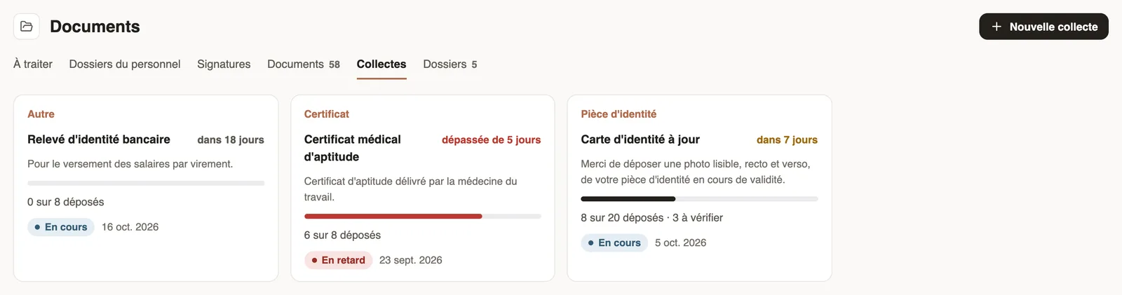 Les collectes en cours, leur échéance et leur avancement