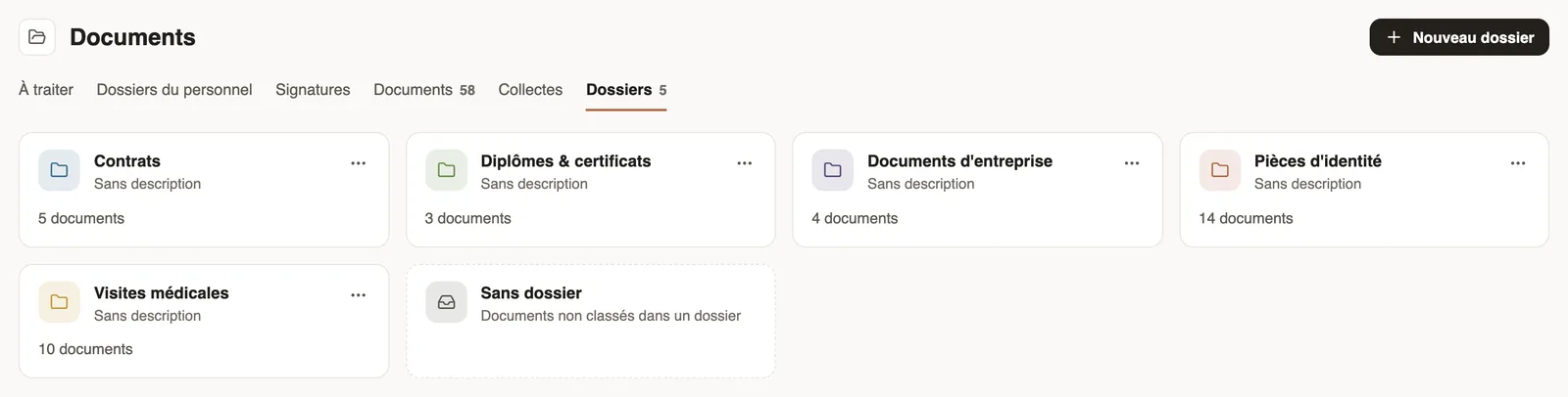 Les dossiers de l'entreprise et leur nombre de documents
