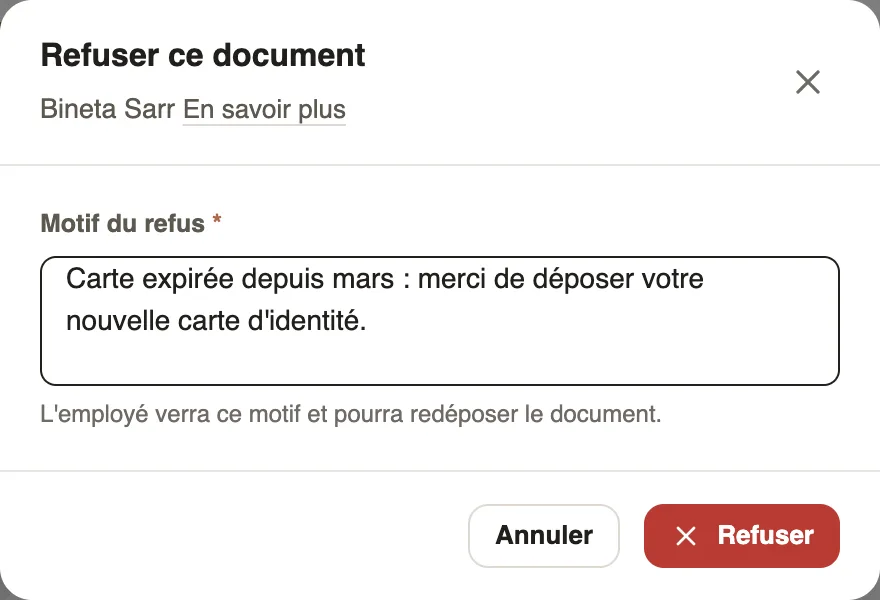 Le refus d'une pièce avec son motif