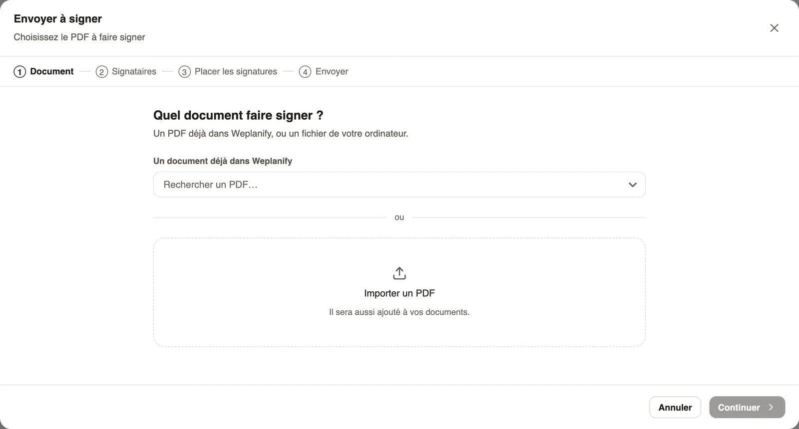La fenêtre Envoyer à signer, étape Document : chercher un PDF ou en importer un