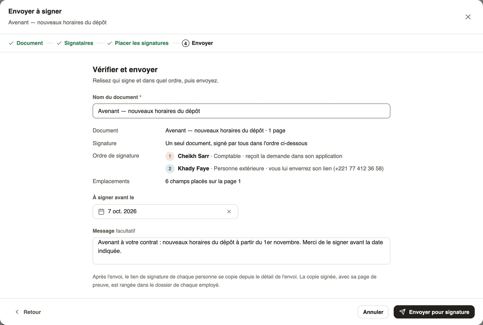L'étape Envoyer : le récapitulatif, l'ordre de signature, la date limite et le message