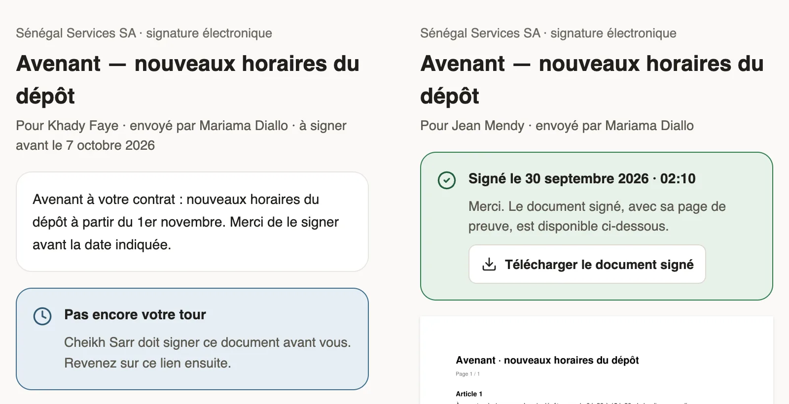À gauche, Pas encore votre tour ; à droite, le document signé à télécharger