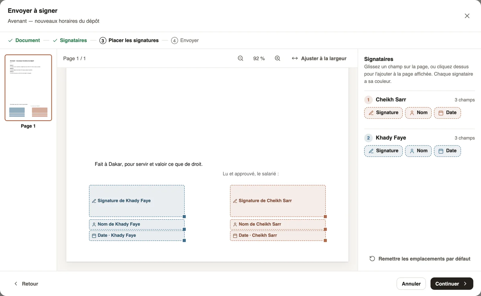 L'étape Placer les signatures : les pages, le document et les champs Signature, Nom et Date de chaque signataire