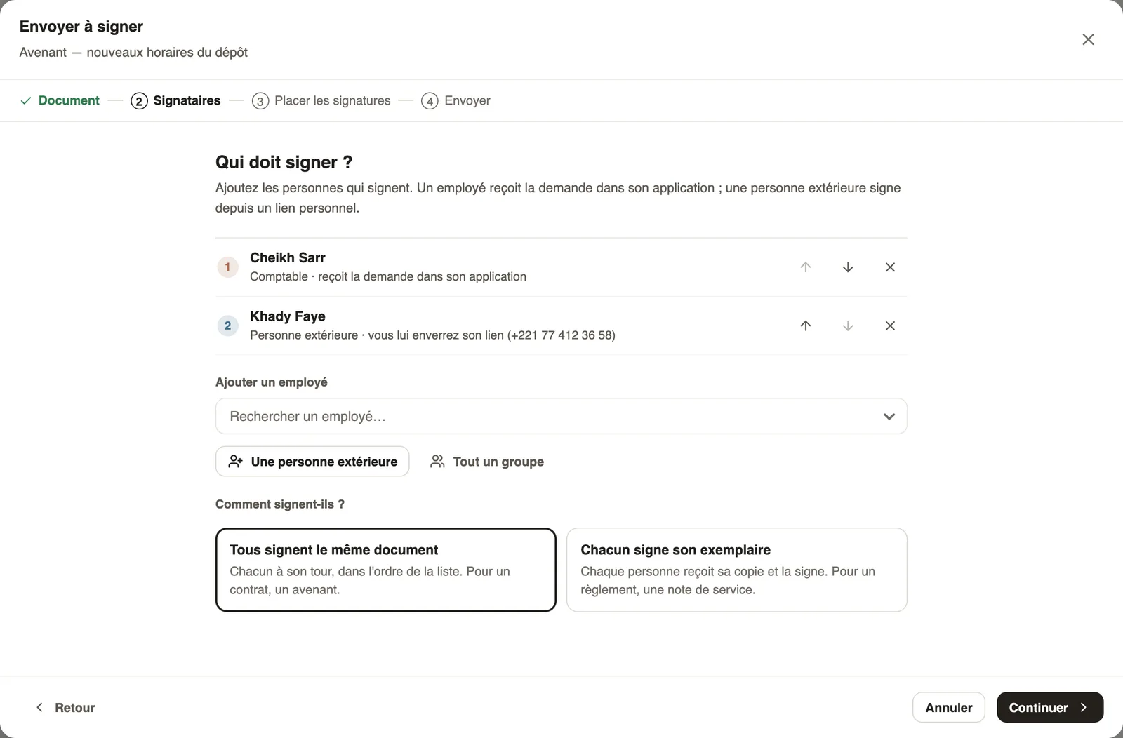 L'étape Signataires : un employé, une personne extérieure et le choix du mode de signature