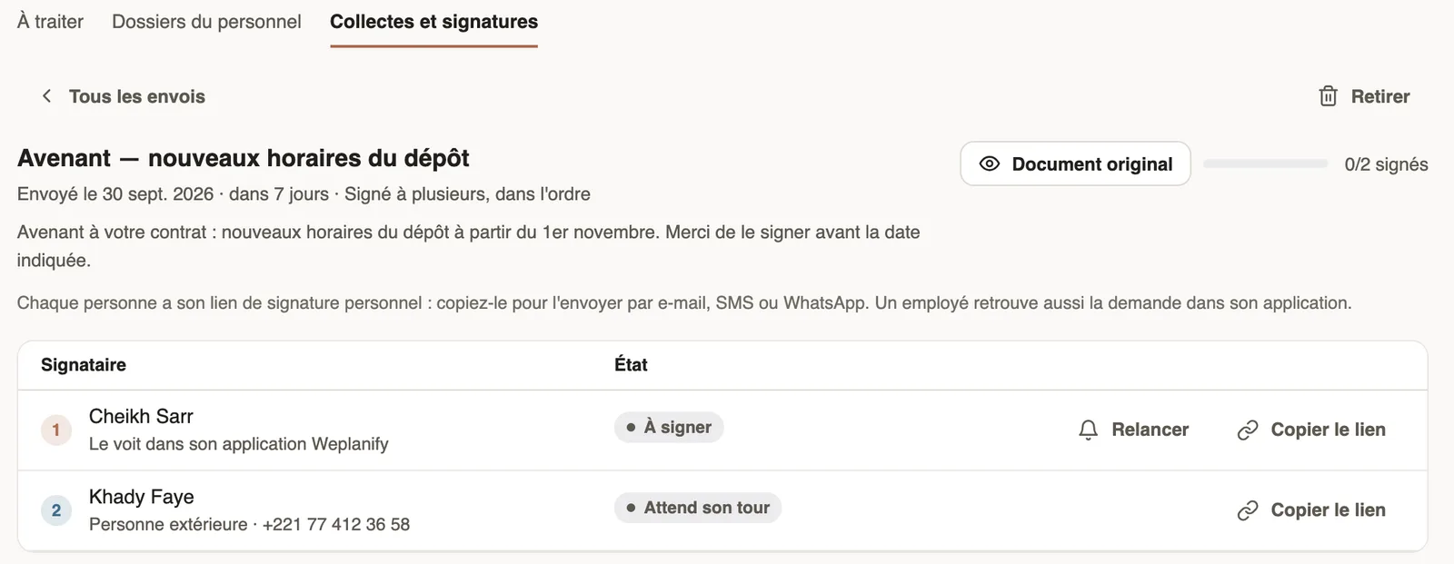 Le détail d'un envoi : le premier signataire doit signer, le second attend son tour