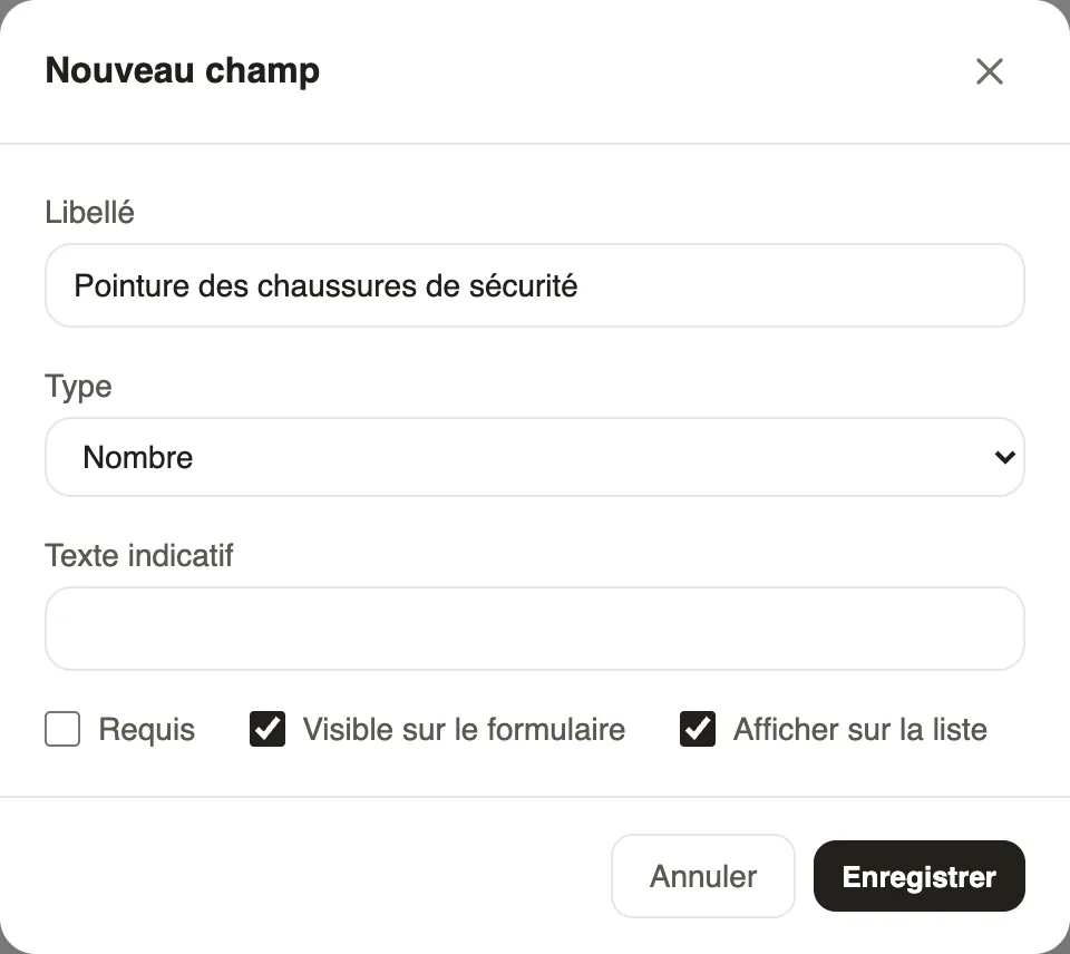 Le nouveau champ Pointure des chaussures de sécurité, de type Nombre