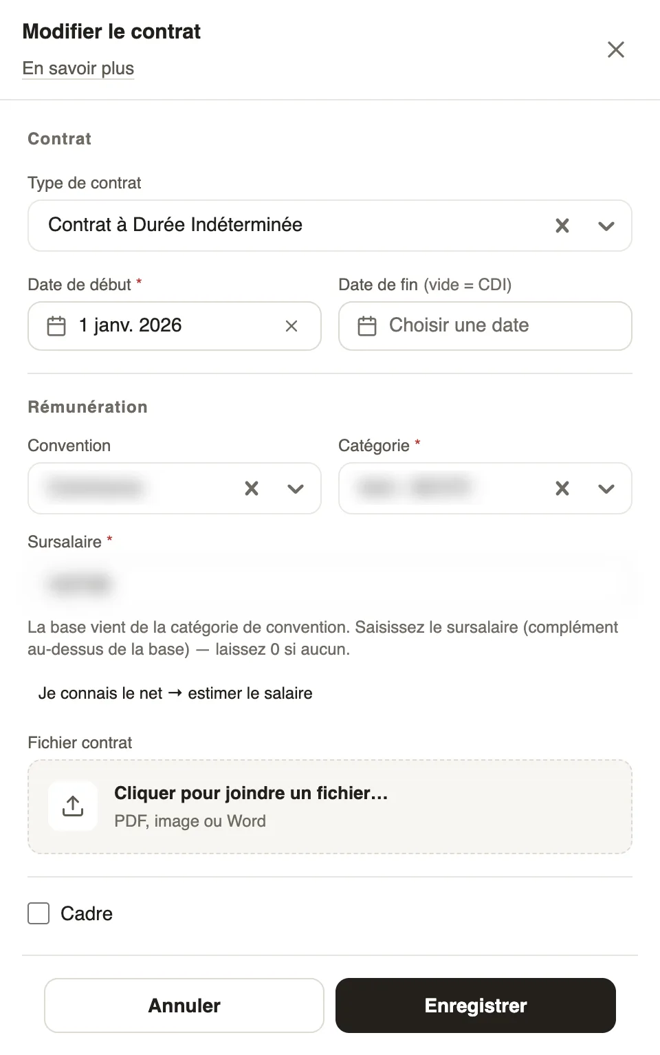Le panneau Modifier le contrat, rémunération floutée