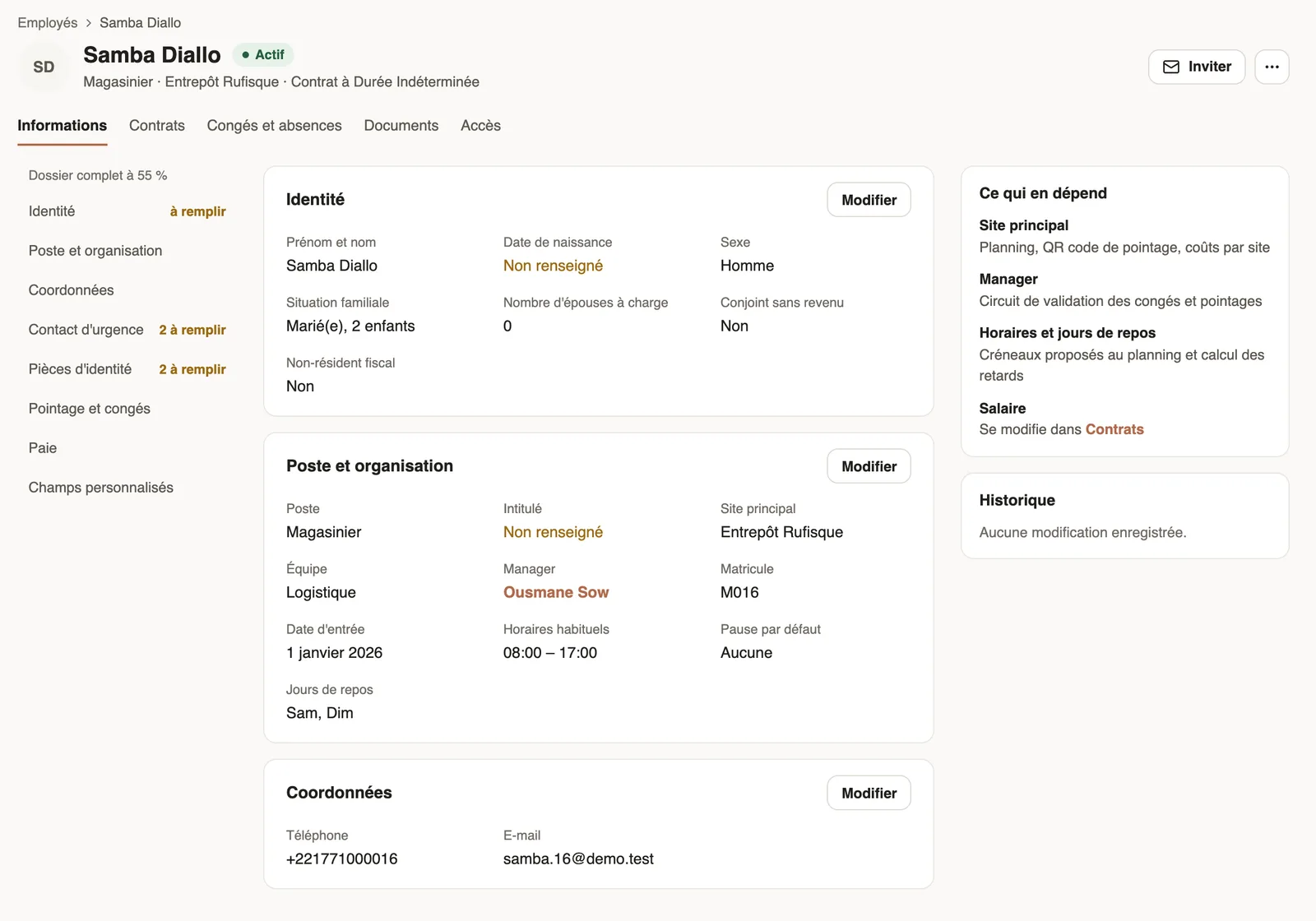 La fiche de Samba Diallo, onglet Informations : identité, poste et organisation, ce qui en dépend