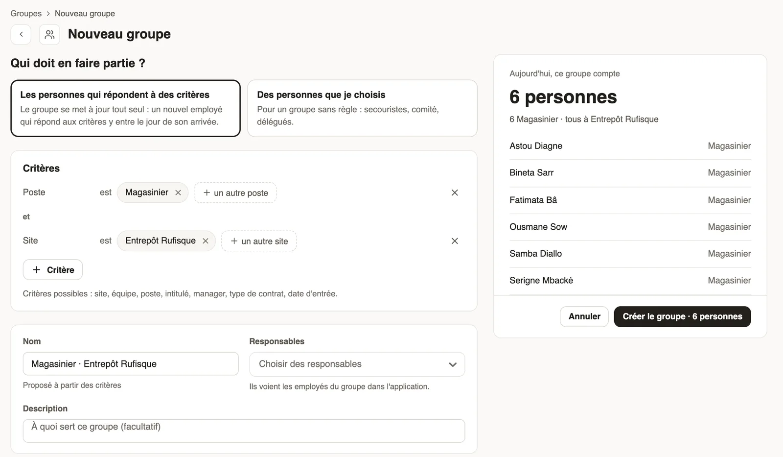 Nouveau groupe : Poste Magasinier et Site Entrepôt Rufisque, 6 personnes