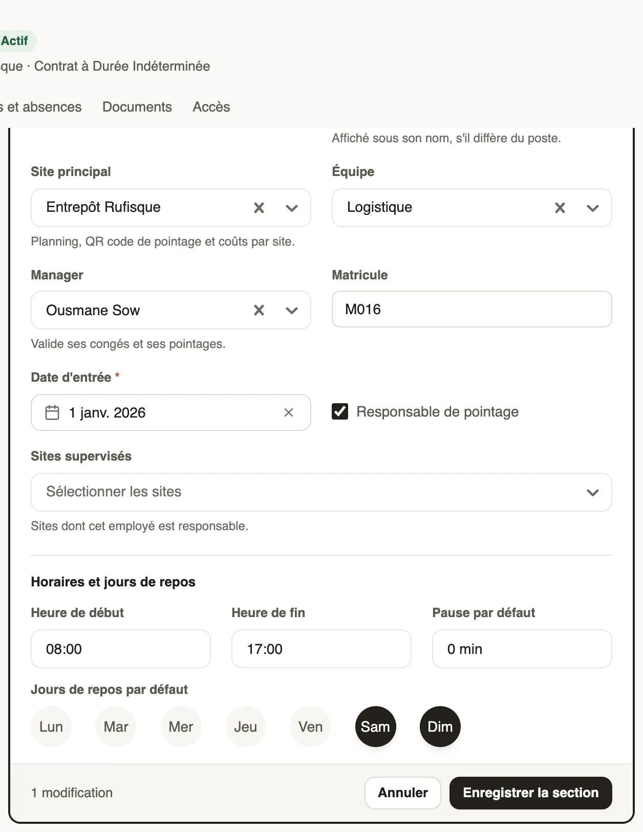Poste et organisation en cours de modification : horaires et jours de repos