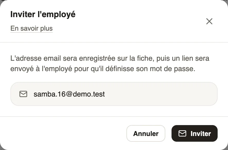 La fenêtre Inviter l'employé avec son adresse e-mail