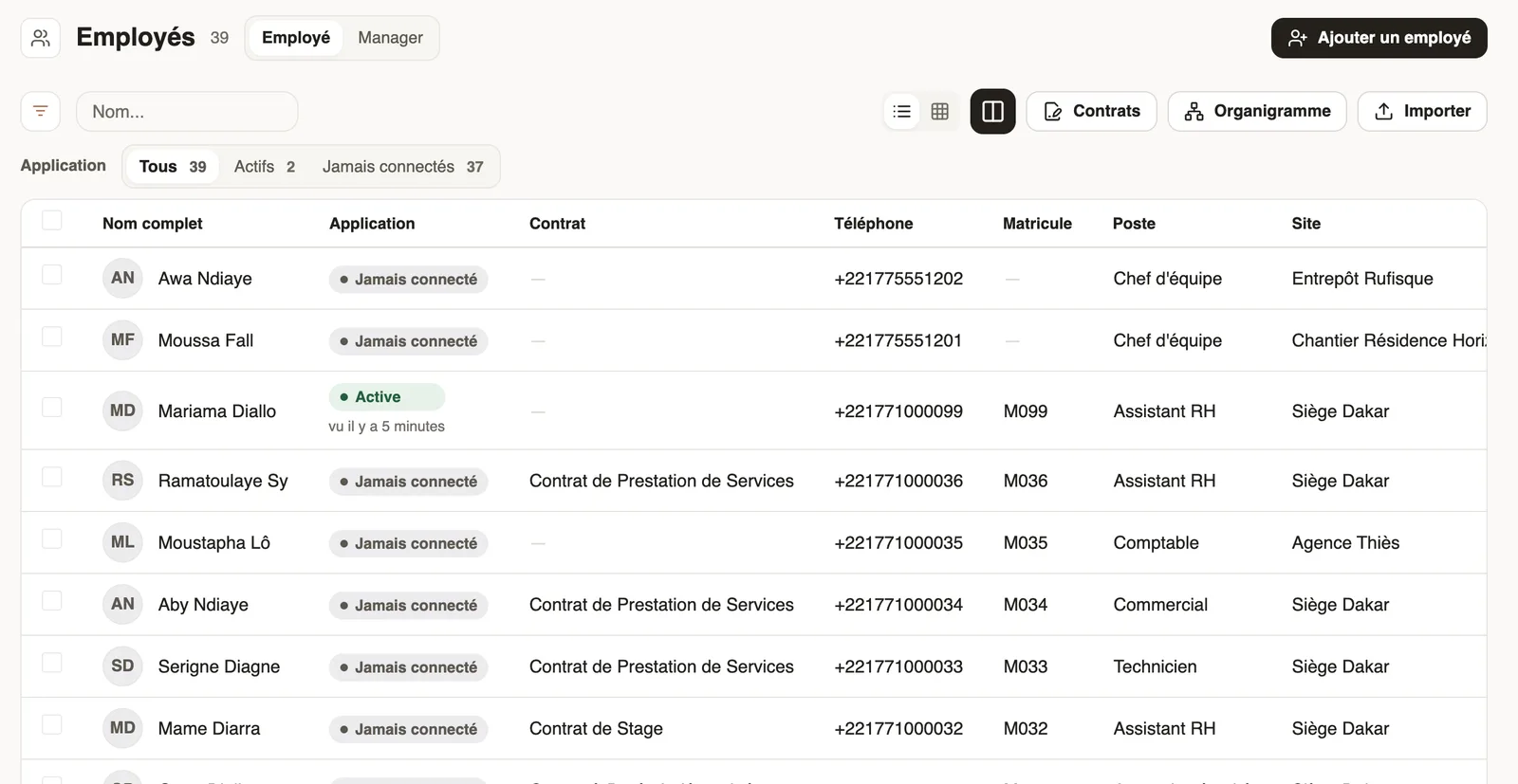 La liste des employés : application, contrat, téléphone, matricule, poste et site