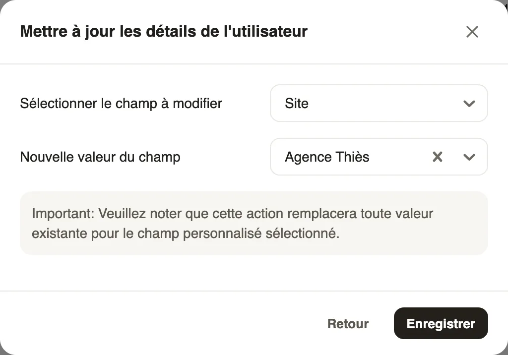 La fenêtre de modification en masse : le site Agence Thiès pour les employés cochés