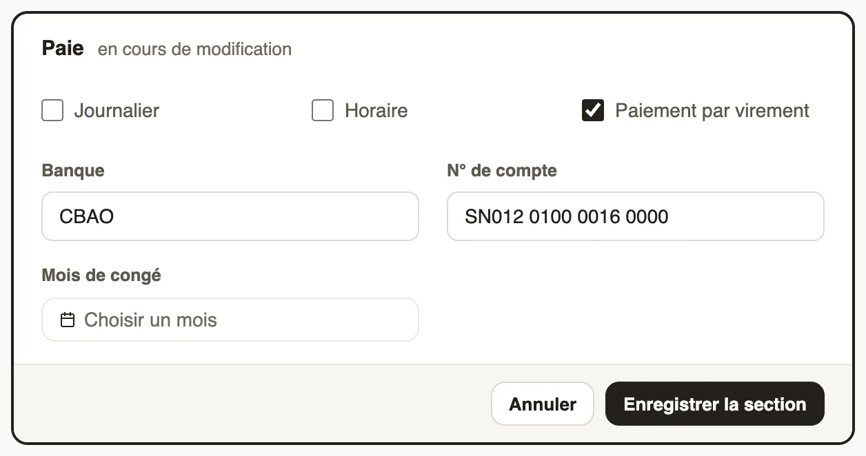 La section Paie en cours de modification : journalier, horaire, virement, banque, compte