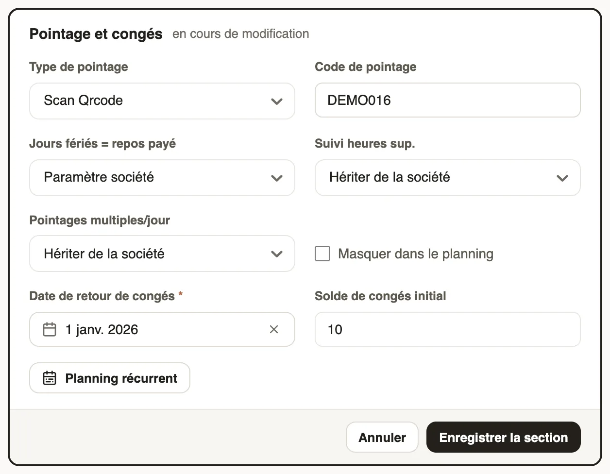 La section Pointage et congés : type de pointage Scan Qrcode et code de pointage