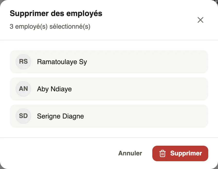 La fenêtre Supprimer des employés avec trois personnes