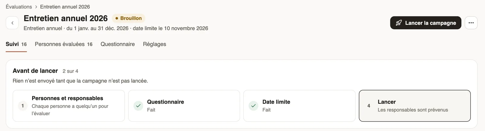 La campagne Entretien annuel 2026 en brouillon : le bouton Lancer la campagne et les quatre étapes Avant de lancer