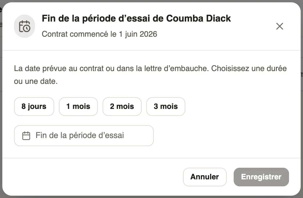 La fenêtre Fin de la période d’essai de Coumba Diack : les durées habituelles 8 jours, 1 mois, 2 mois, 3 mois et la date