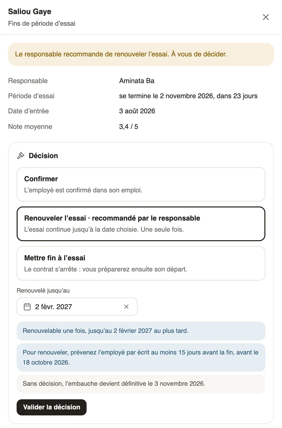 Le panneau de Saliou Gaye : le responsable recommande de renouveler l’essai, le bloc Décision avec Confirmer, Renouveler l’essai et Mettre fin à l’essai, la date et les rappels