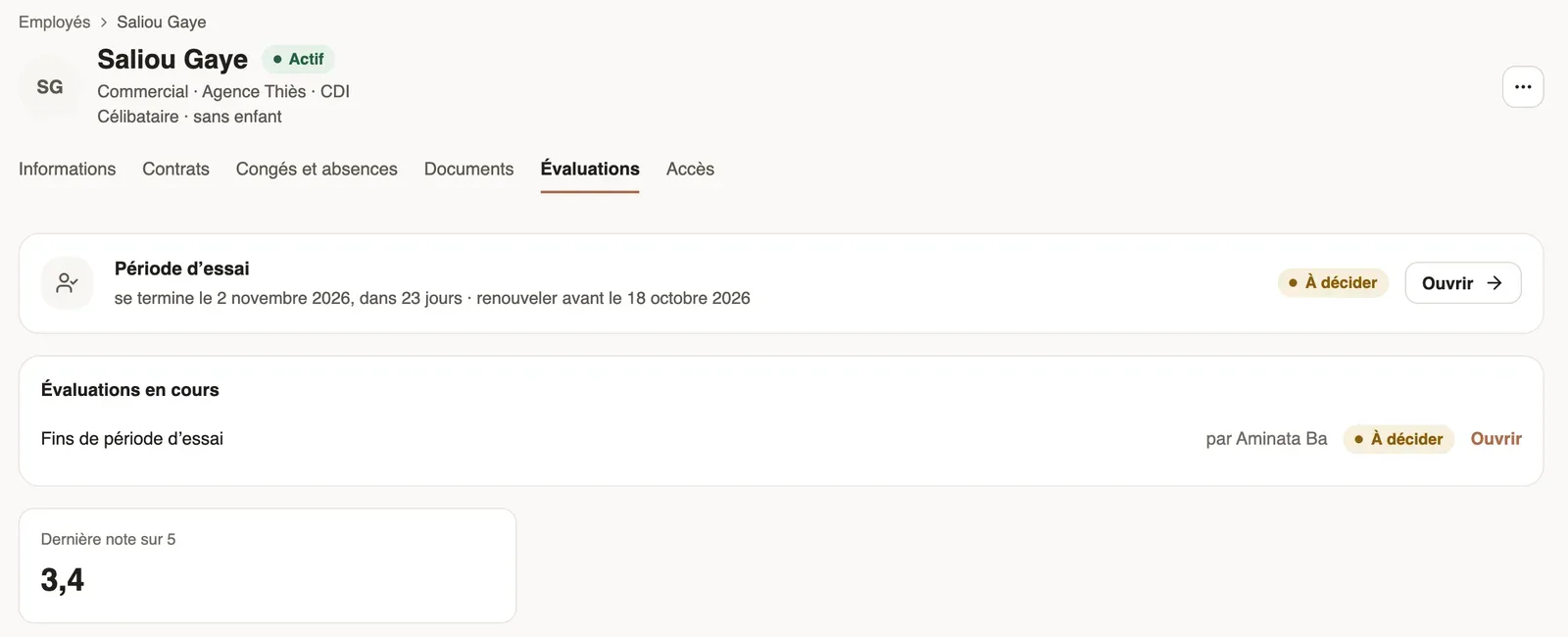 The Evaluations tab of Saliou Gaye: the trial period ending in 23 days, to decide, and the evaluation in progress