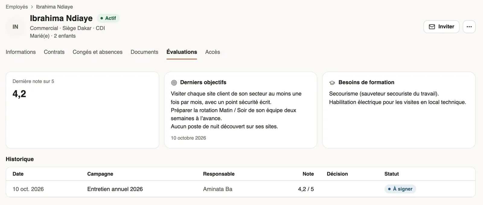 The Evaluations tab of Ibrahima Ndiaye: last rating 4.2, last objectives, training needs and the history
